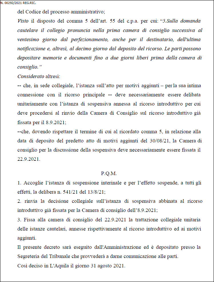 Decreto Cautelare contro la Regione Abruzzo